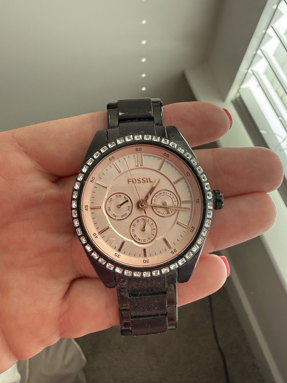 Fossil Black Bracelet Watch with Rose Gold Dial and Crystal Bezel